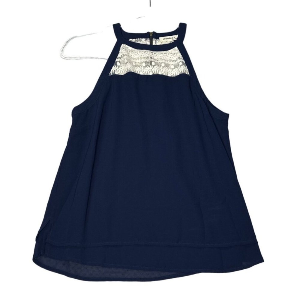 Monteau Shirt Womens Medium Navy Blue Crochet Lace High Neck Sleeveless Tank Top